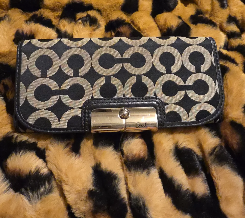 Coach Black and Tan Signature Clutch Wallet with Turn-Lock